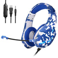 Wired gaming headset with cloth earmuffs and braided cable in camouflage blue colour with 3.5mm adapter