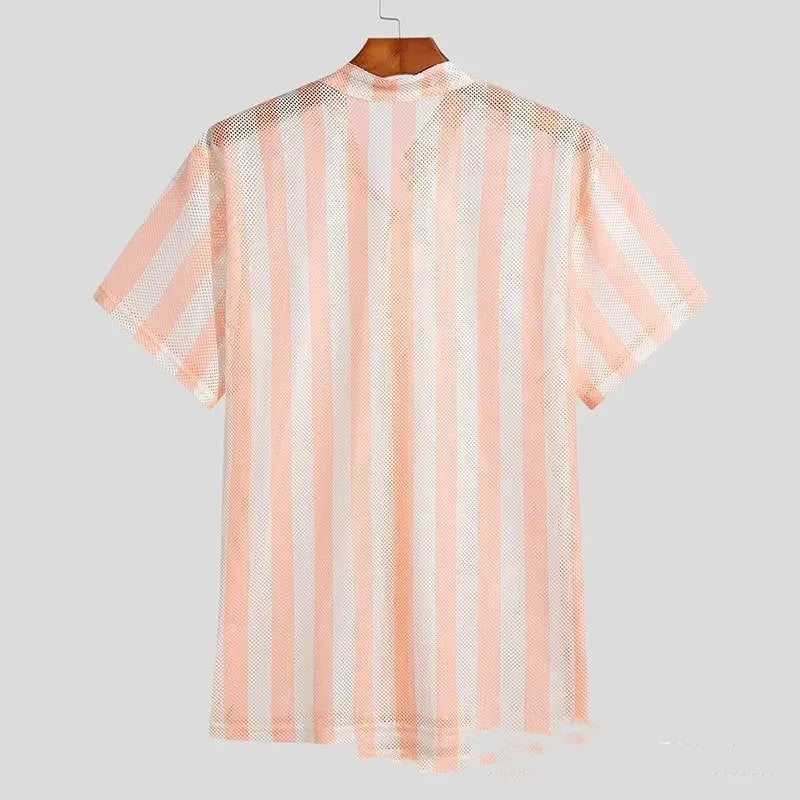 Pink men's short-sleeve cardigan shirt with waffle weave texture, loose fit