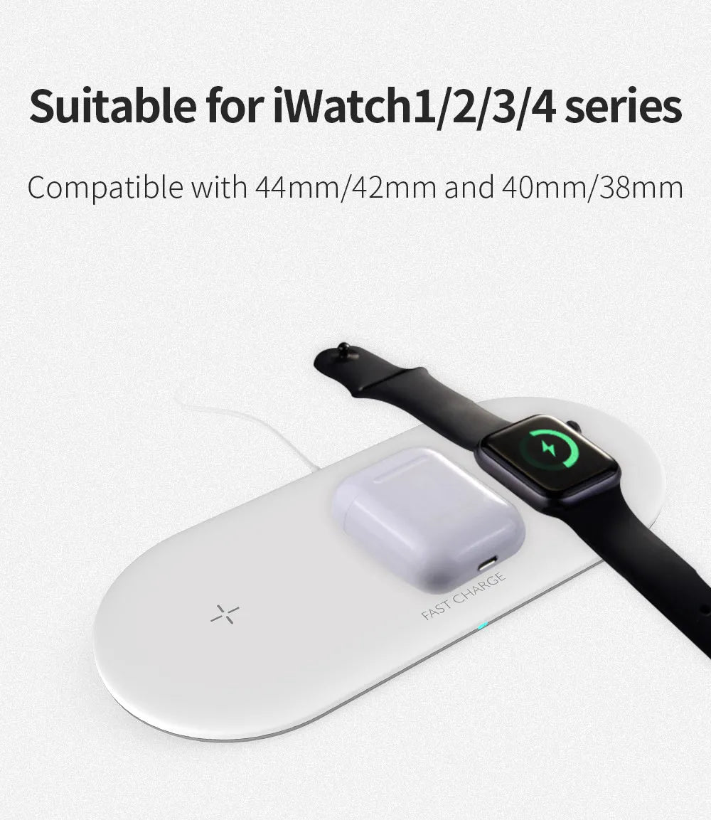 Black three-in-one wireless charging station for iPhone, Apple Watch, and headphones on a desk