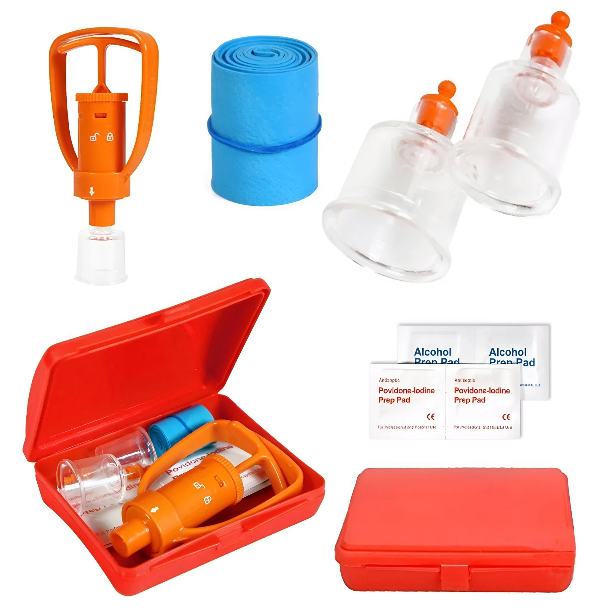Orange venom suction device with two suction cup sizes, storage box and first aid components for outdoor emergency use