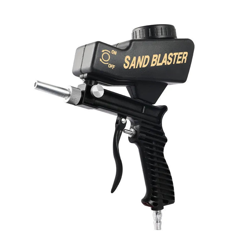 Portable blue pneumatic sandblasting gun with upper tank and nozzle for rust removal and surface cleaning