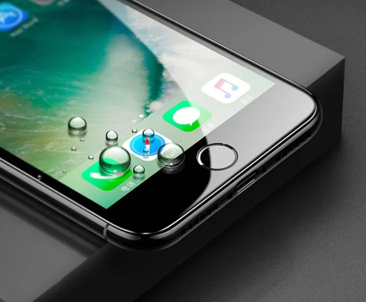 iPhone tempered glass screen protector with black soft edge shown on a phone