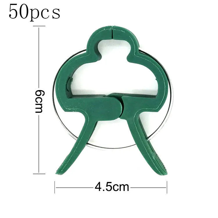 Green plastic and zinc plant fixing clips for supporting tomato vines and climbing plants in the garden.