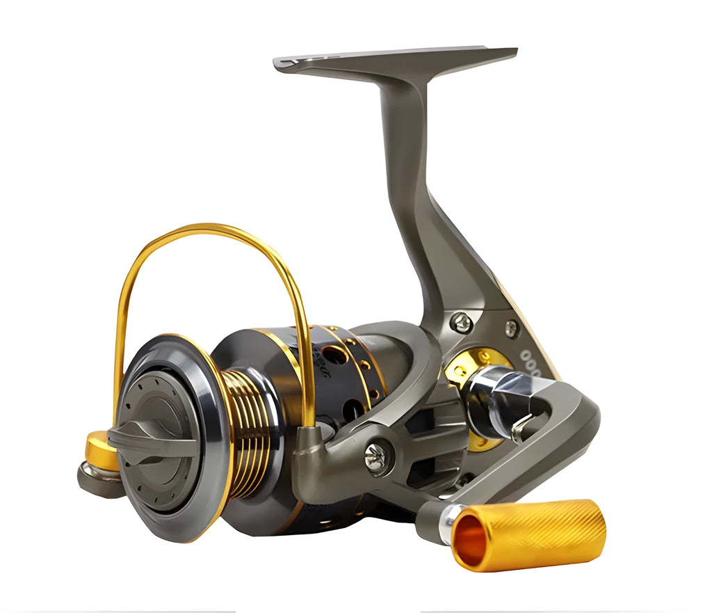 10-axis metal head spinning reel with metal line cup and folding rocker arm in silver and black