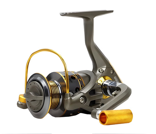 10-axis metal head spinning reel with metal line cup and folding rocker arm in silver and black