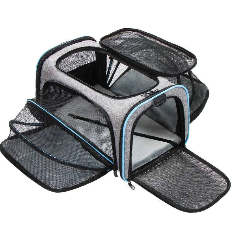 Portable cat carrier bag in 600D cation fabric, shown in large and small size options.