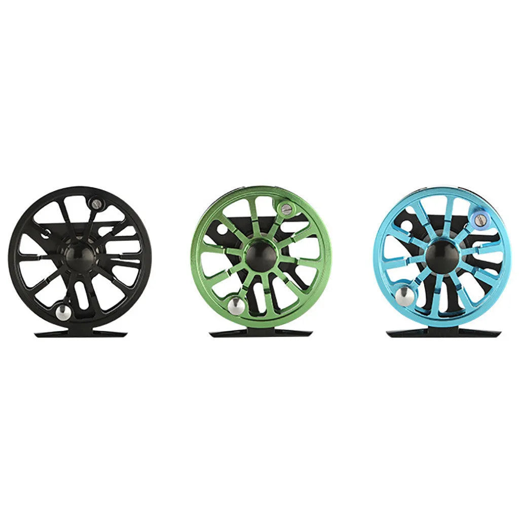 Fly fishing reel with CNC aluminium coil in blue, black, and green colour options