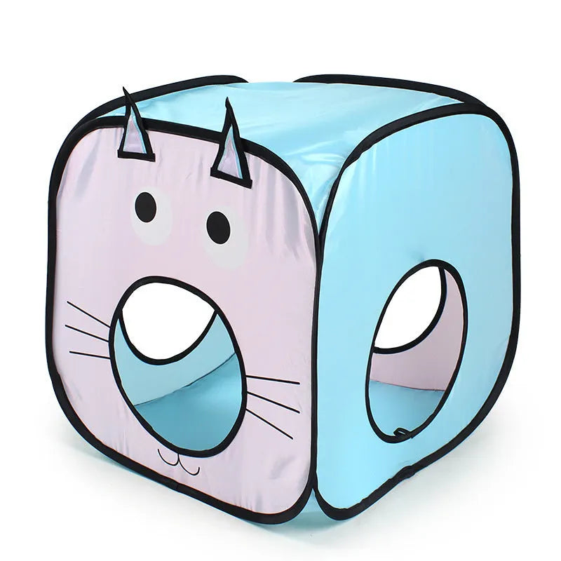 Foldable cat tent and tunnel interactive toy with colourful fabric in a three-piece set.