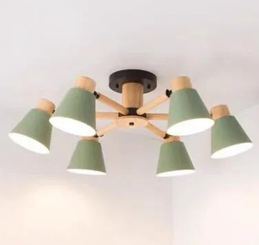 Nordic macaron ceiling pendant lamp with ironwood construction in multiple head configurations