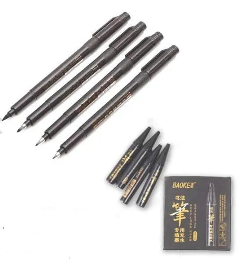 Set of 4 calligraphy felt tip pens with ink refills for Japanese brush style writing
