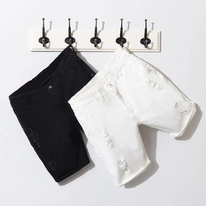 Men's Korean-style straight loose fit cotton denim shorts in black, five-point length, mid-waist, washed finish