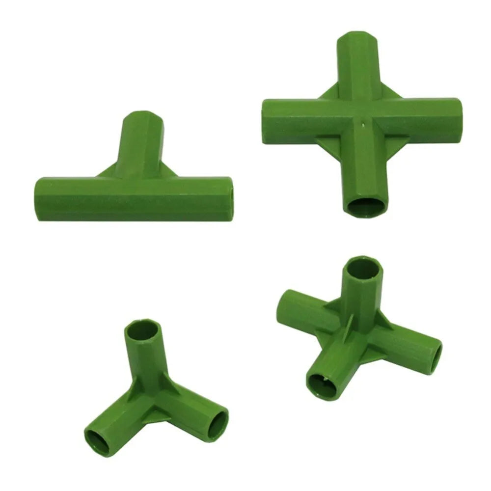 PP plastic 3-way and 4-way connector joints for 11mm garden plant support stakes.