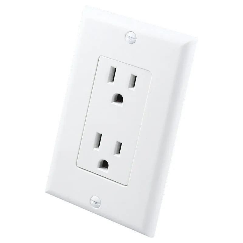 White plug-in socket night light with LED bulbs installed in a wall socket.