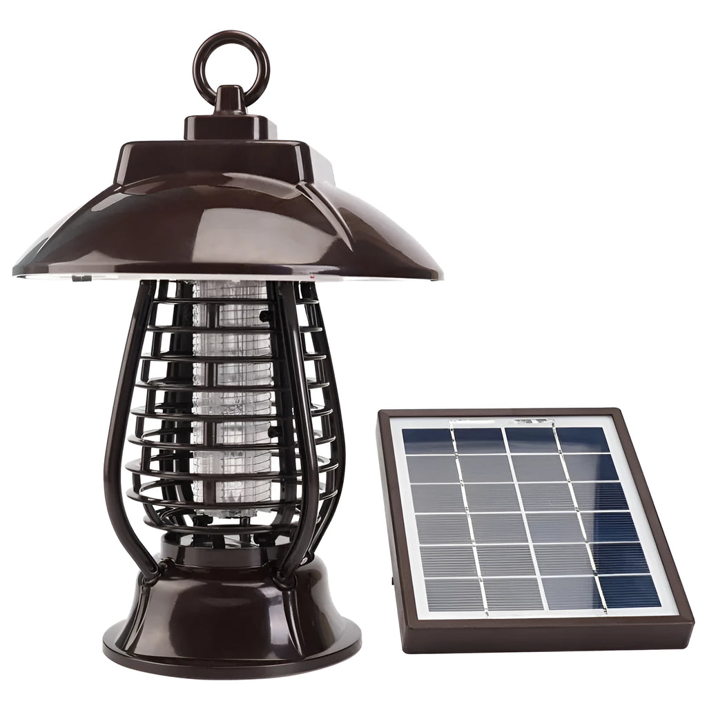 White and purple solar-powered mosquito lamp for outdoor garden use with solar panel and LED lights