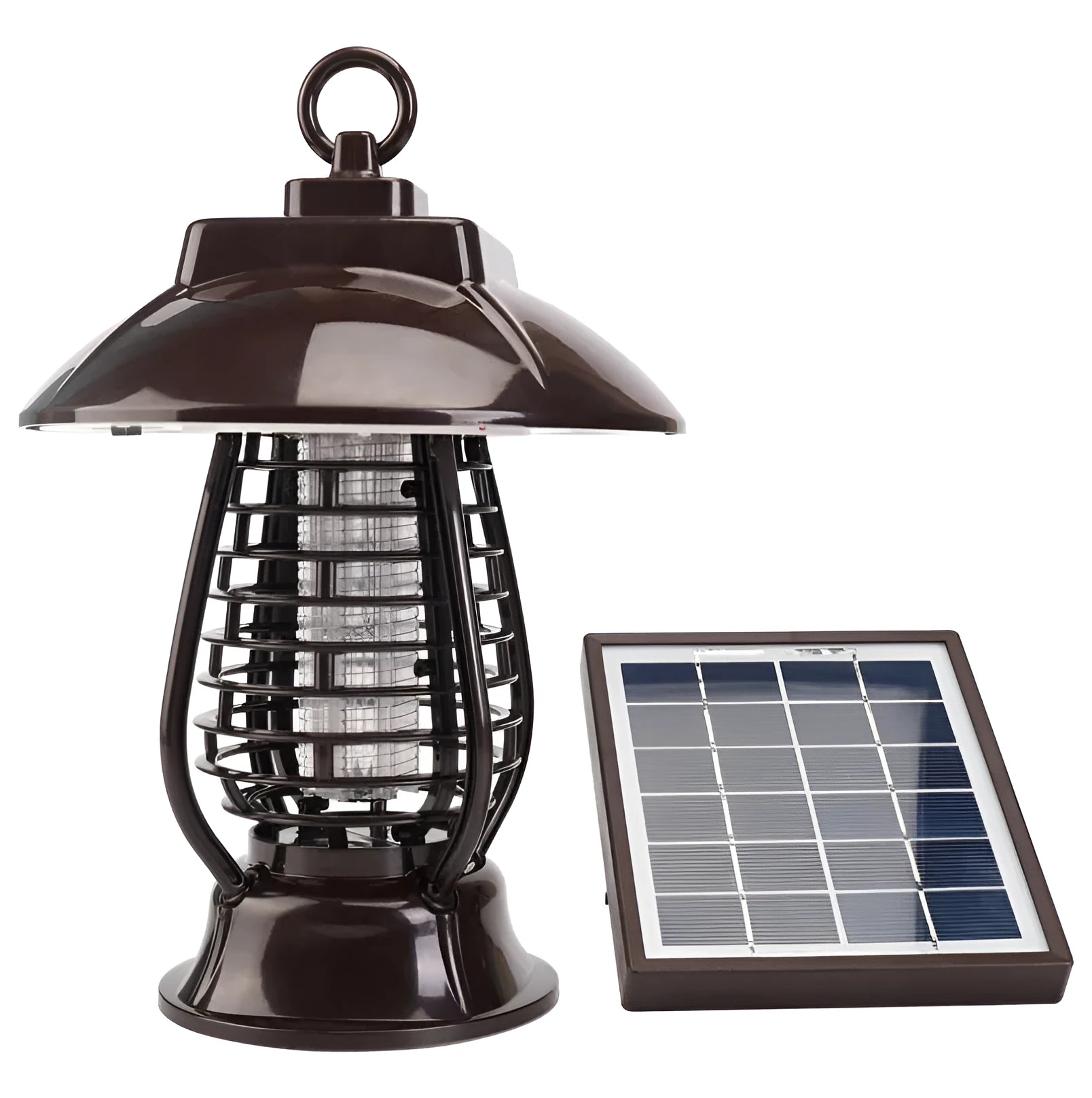 White and purple solar-powered mosquito lamp for outdoor garden use with solar panel and LED lights