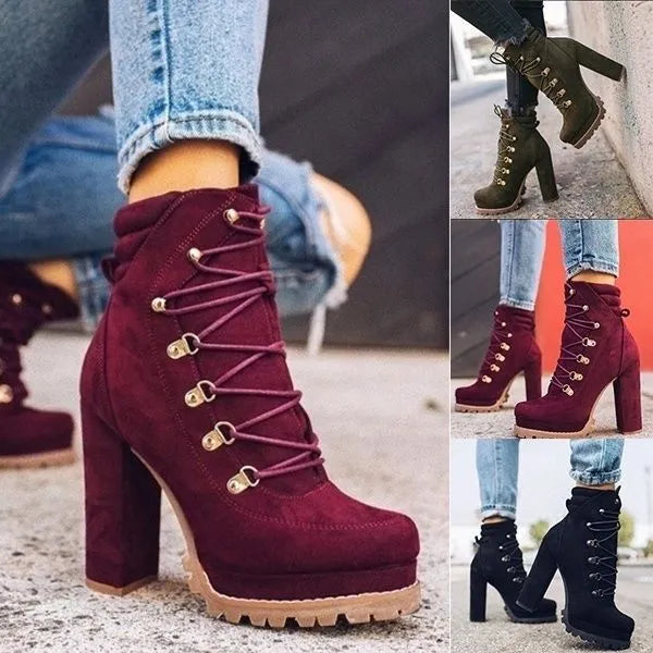 Women's suede high heel boots in army green with round toe and thick 8cm heel