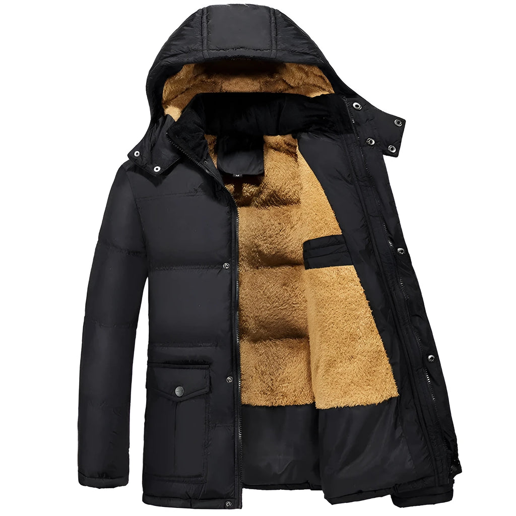 Black men's hooded winter padded jacket with velvet lining and double-breasted front.