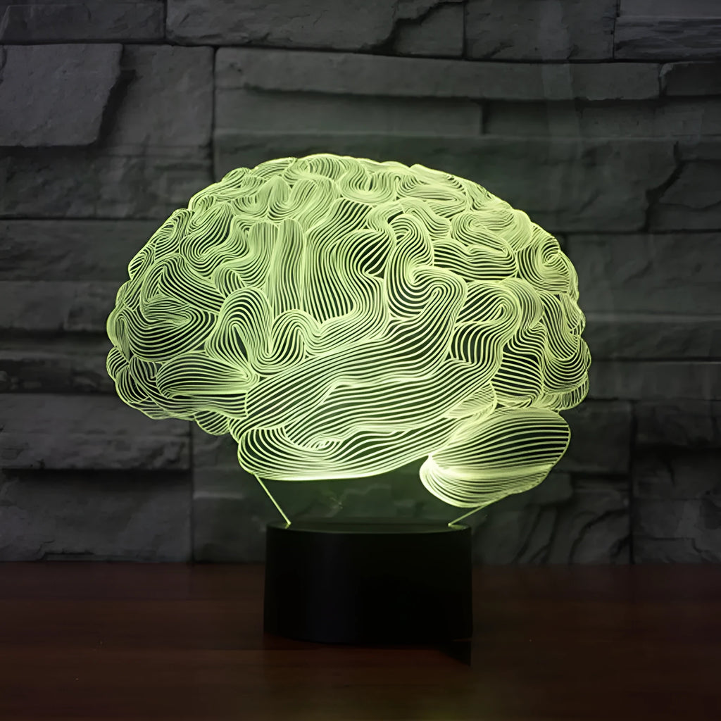 3D brain illusion LED desk lamp with remote control showing colourful lighting effects on acrylic panel
