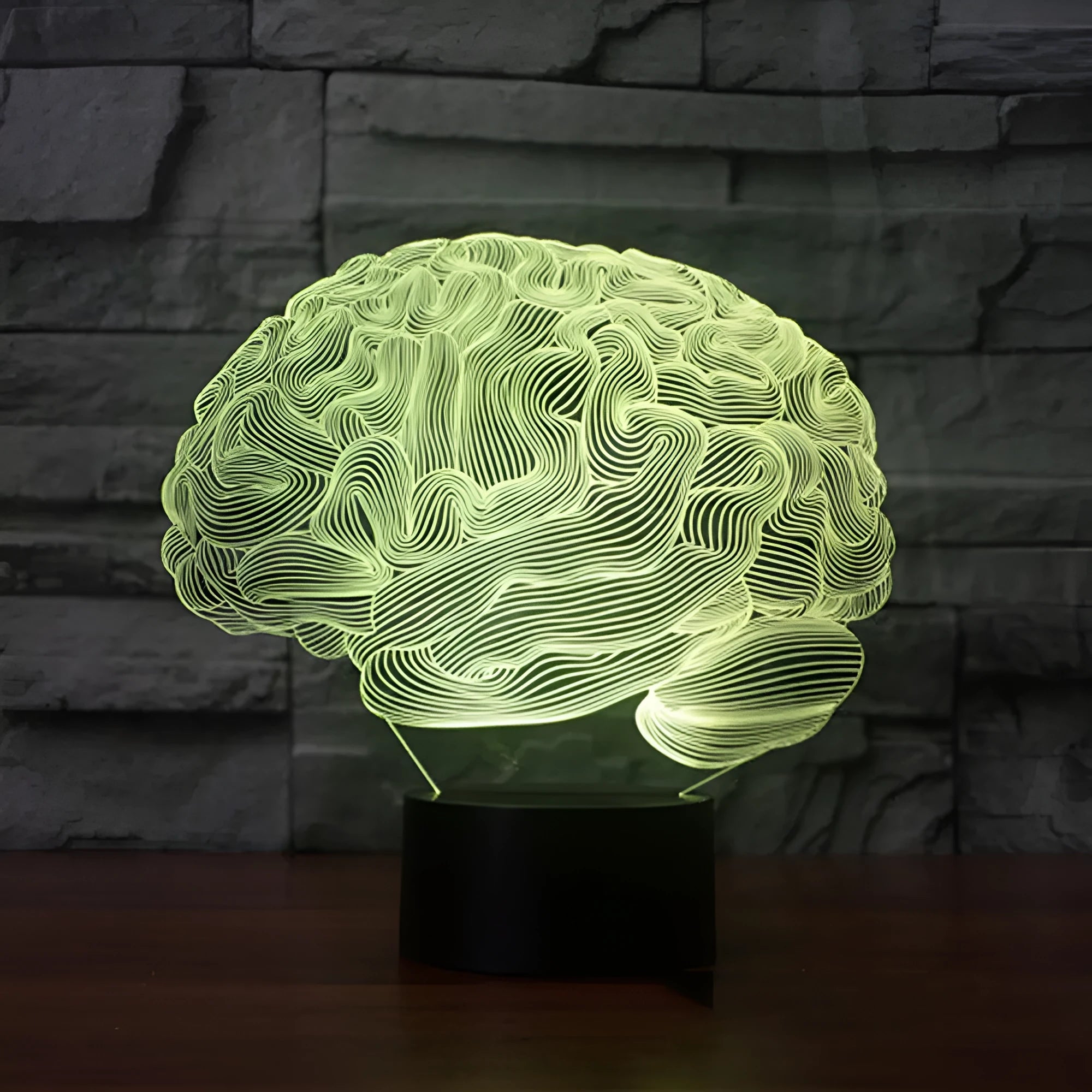3D brain illusion LED desk lamp with remote control showing colourful lighting effects on acrylic panel