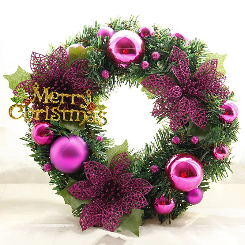 30cm multicolour plastic Christmas wreath in red, gold, silver, blue, pink or purple on a door.
