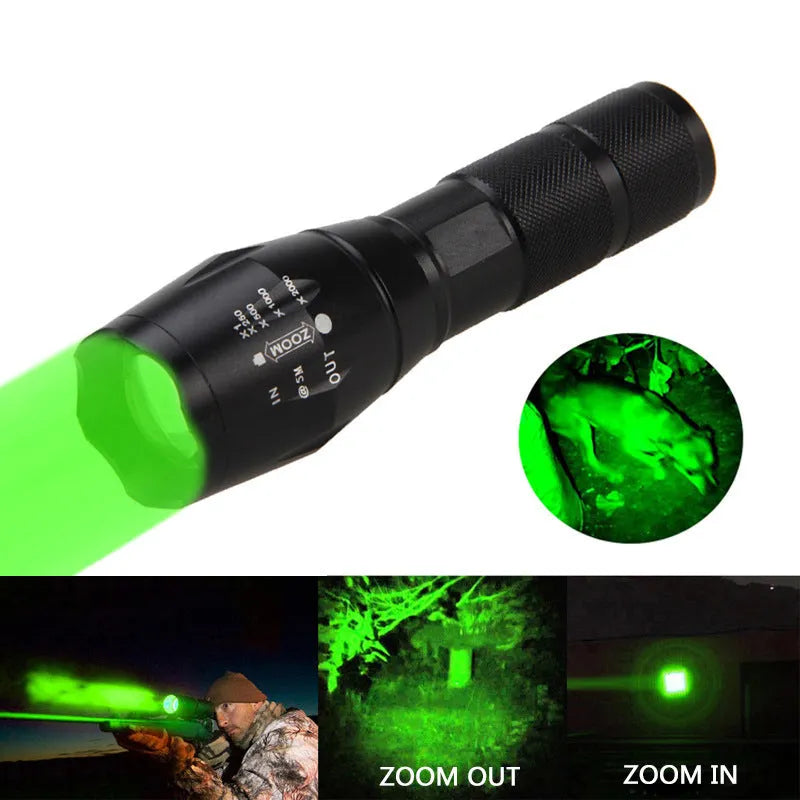 Black aluminum alloy zoom flashlight with adjustable head for focus, shown with beam reaching into distance.