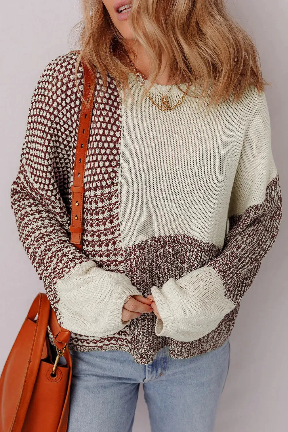 Dark khaki colour block loose sweater with drop shoulders and back tie detail
