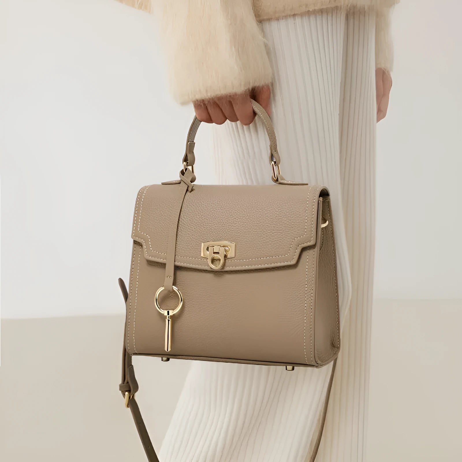 Elephant grey genuine leather handbag with vintage lock and litchi pattern texture