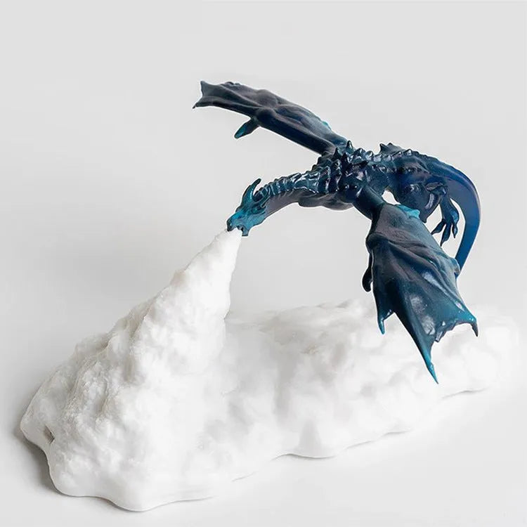 3D-printed red dragon night light with glowing warm light effect on a dark background.