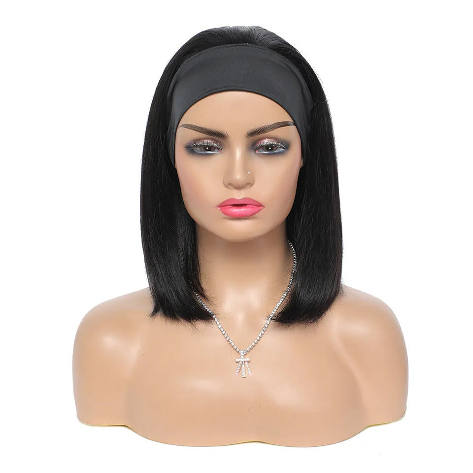 Human hair headband wig straight bob in 1B natural colour, 10 inch length, no glue style