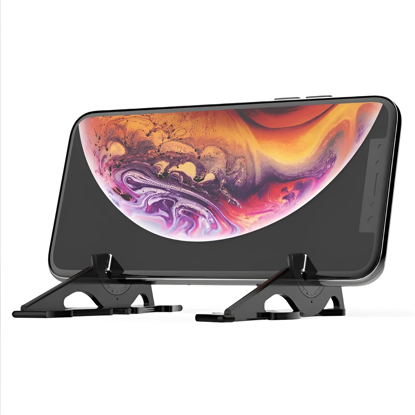 Plastic card-type mobile phone holder on a desk, shown in multiple colour options.