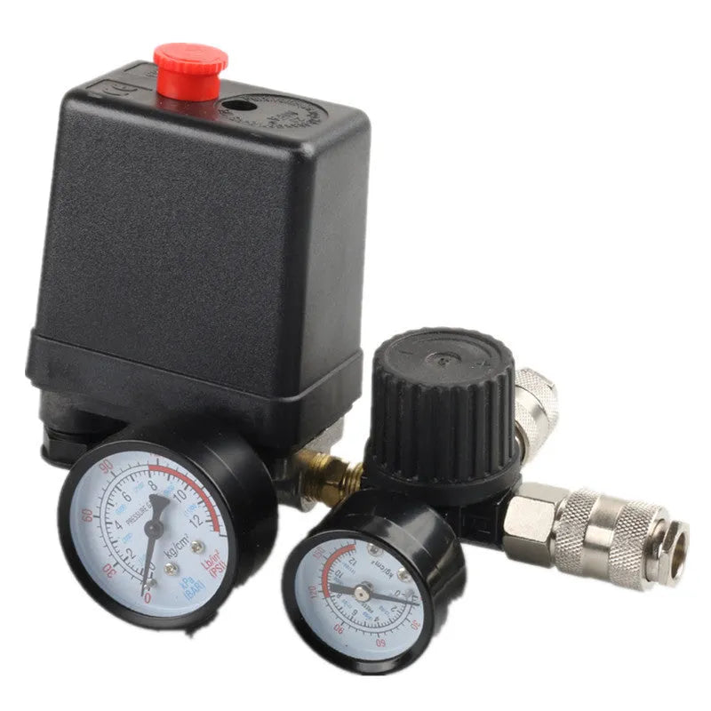 European style air compressor pressure switch with 12mm connector and voltage selector.