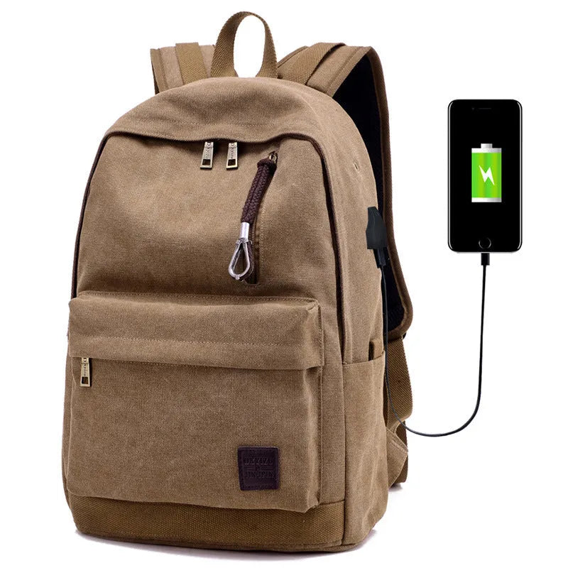 Canvas shoulder backpack with USB charging port in coffee colour showing computer pocket and main compartment