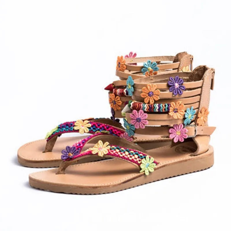 Ethnic beaded petal sandals with floral design on round toe artificial PU upper