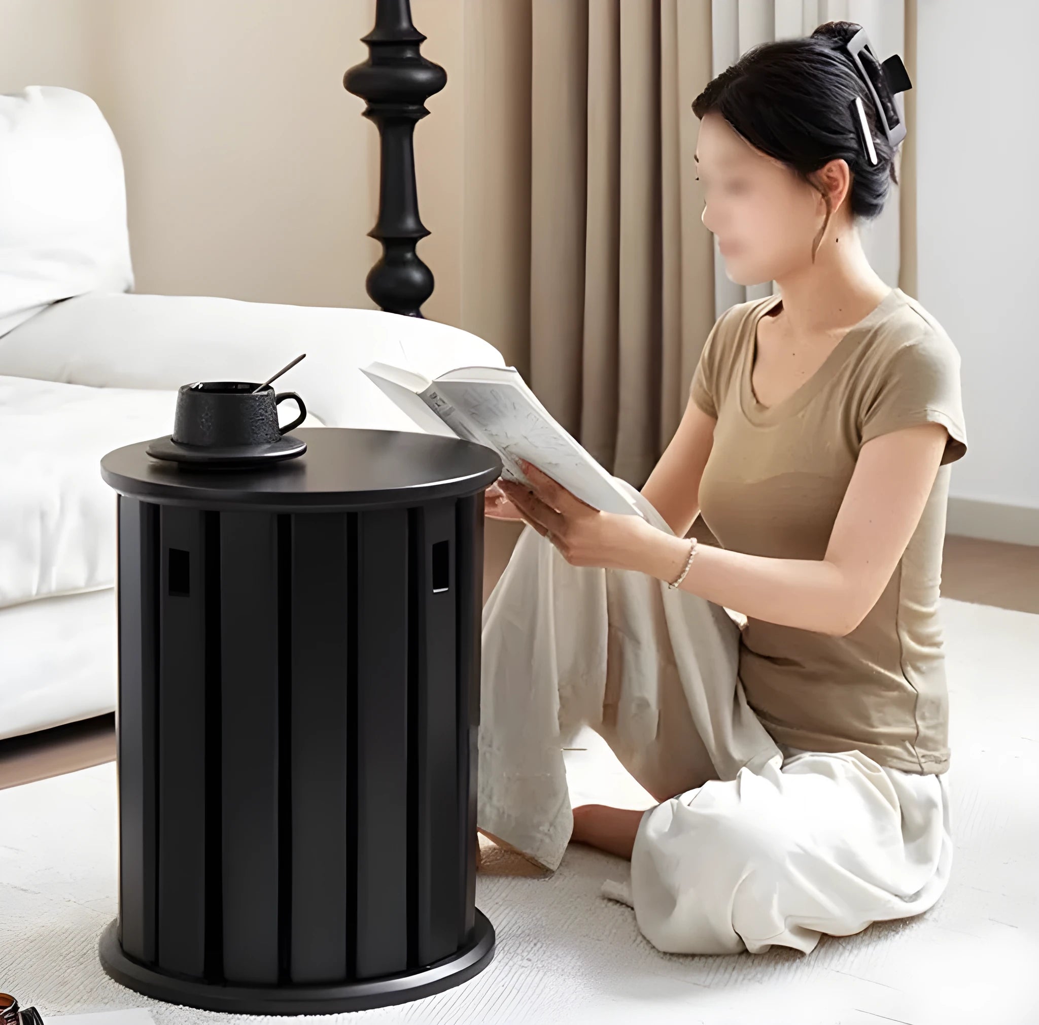 Stackable round iron dining stool in a modern style, shown in a choice of colours.