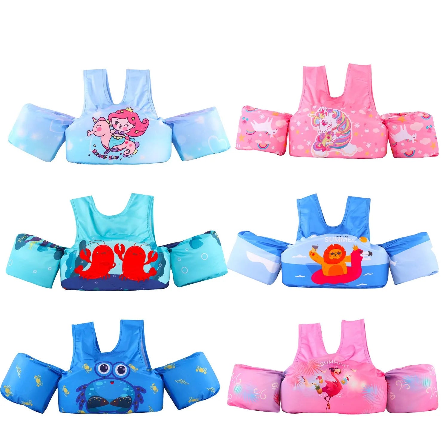 Colourful cartoon children's swimsuit with integrated arm swimming rings in a lobster design.
