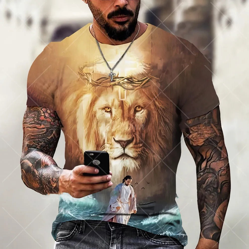 Men's grey t-shirt featuring a raised 3D printed Jesus face pattern on the chest