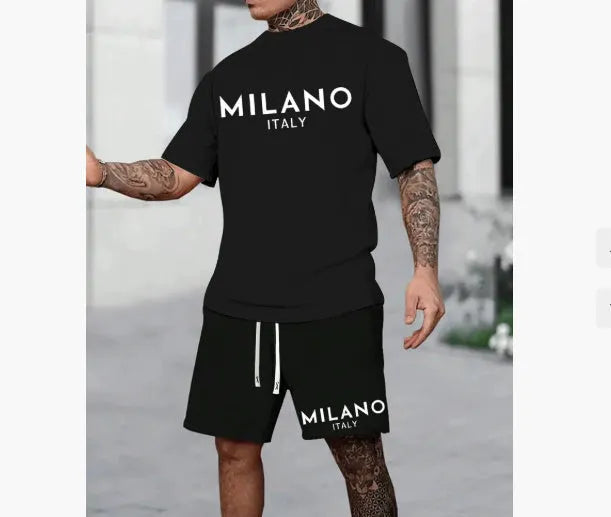 Round neck short sleeve suit set with matching shorts in European and American style