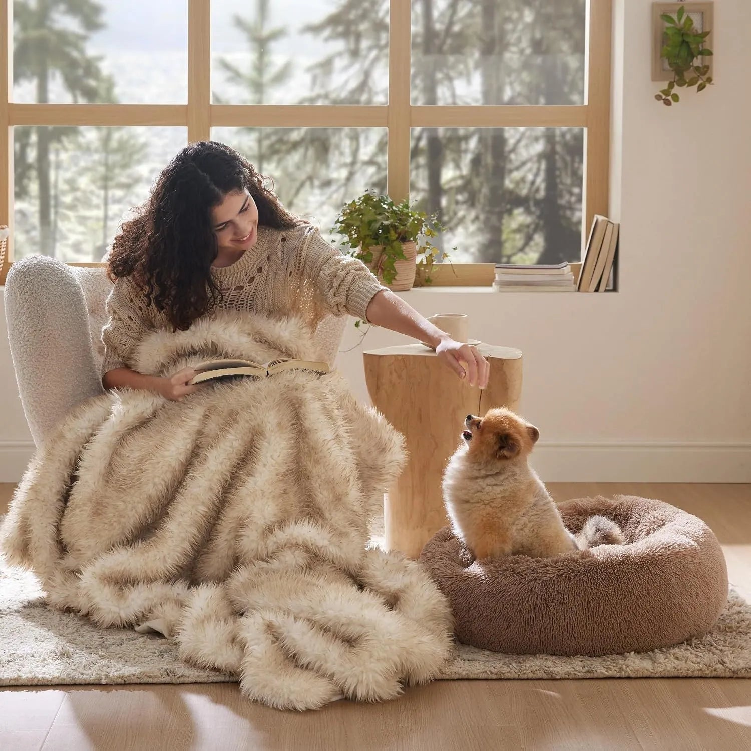 Indoor non-slip round fluffy plush pet bed for dogs in khaki, 60cm size, on a wooden floor