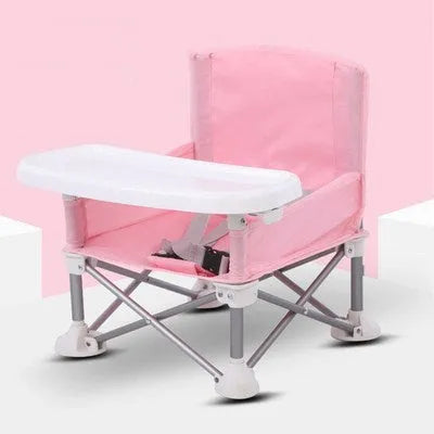 Foldable baby dining chair with metal frame, removable tray, and safety belt in grey