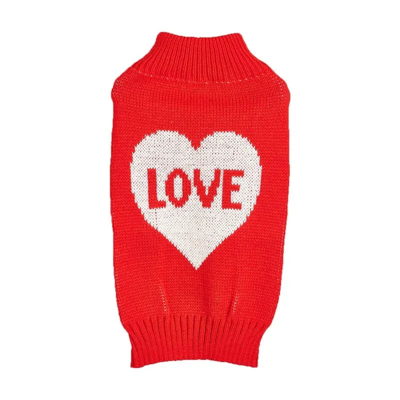 Red acrylic dog sweater with a large white love heart design on the back.