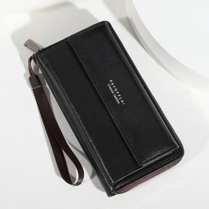 Men's black and brown PU wallet showing multiple card slots and cash compartment, closed.