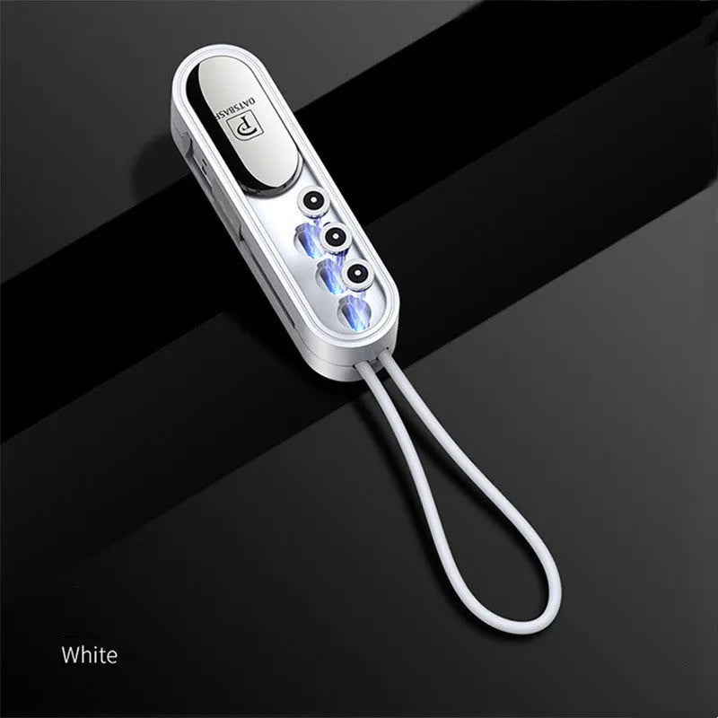 Black magnetic three-in-one USB charging cable with 0.4 metre length shown alongside white and red colour options