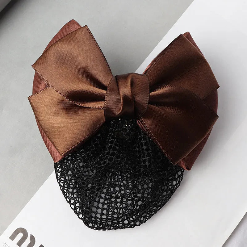 Professional hair clip headdress with flower bow net pocket in multiple colour variations