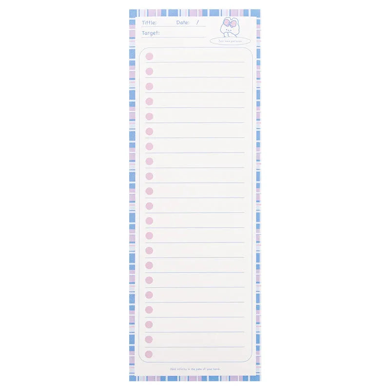 Long sticky note pad with bear and bunny designs, 50 sheets of 80g paper, 91mm by 256mm size.
