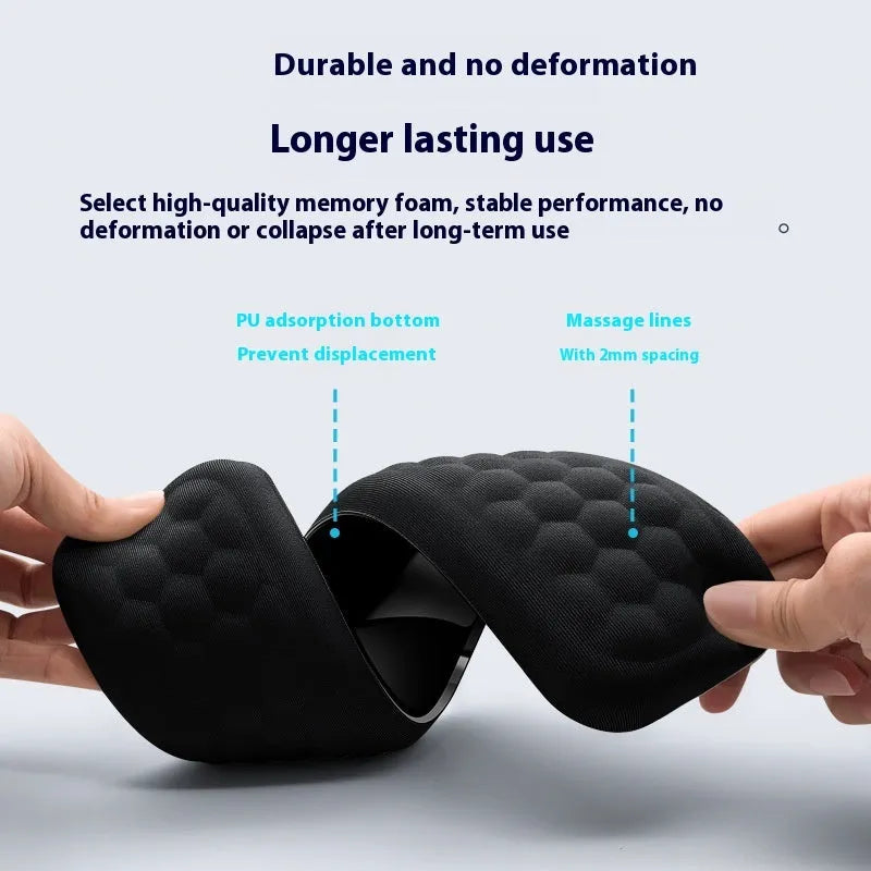 Grey and black memory foam mouse wrist pads with silicone bases, shown in cloth and leather cover options.