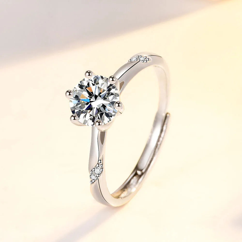 S925 sterling silver diamond-studded ring with adjustable opening, 1 karat accent, white gold colour