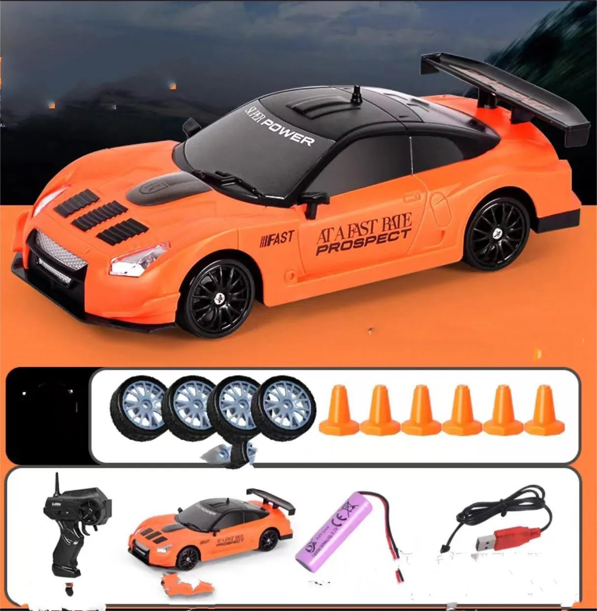 2.4G RC drift car 4WD 1:24 scale remote control toy GTR model in classic style on road with traffic cones
