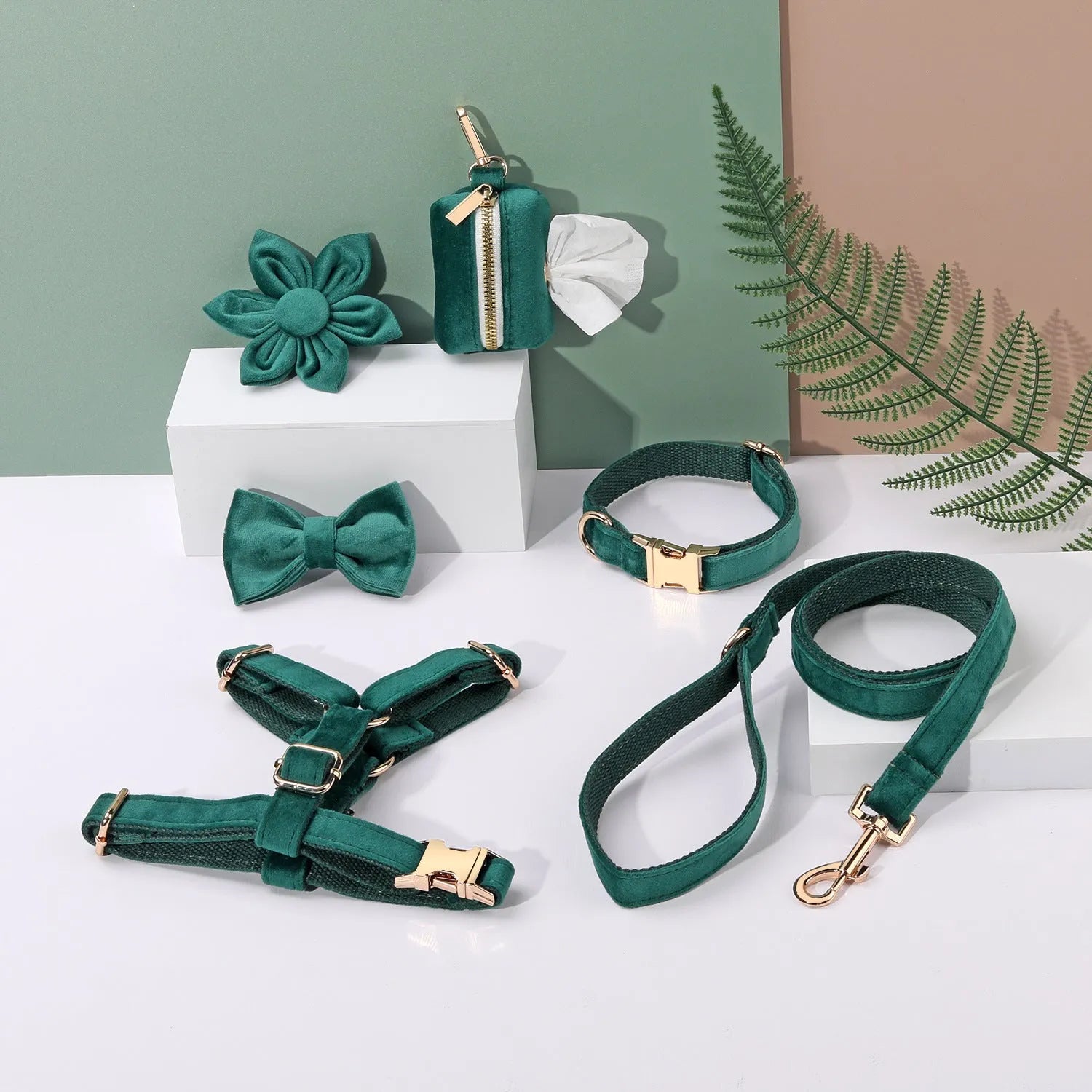Classic velvet dog collar and matching lead set with chest strap, bow tie, and flower accessory in assorted colours.