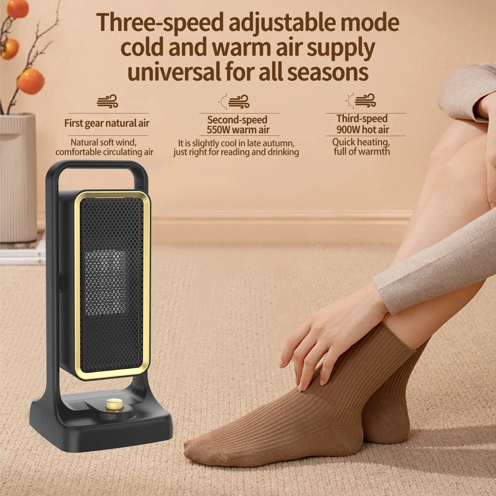 Black PTC ceramic desktop air heater with control knob and compact 14.9x11.1x33.5cm dimensions