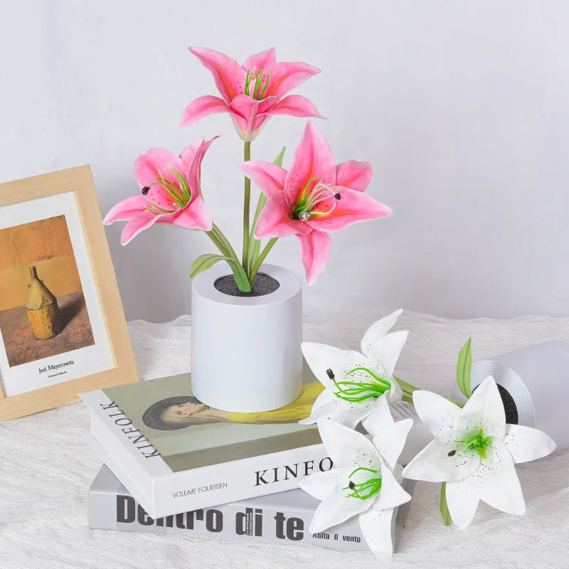 Rechargeable LED Lily Flower Pot Lamp Small Night Ambience Light in Lily White or Pink with 300W Power Output Decorative Table Lamp